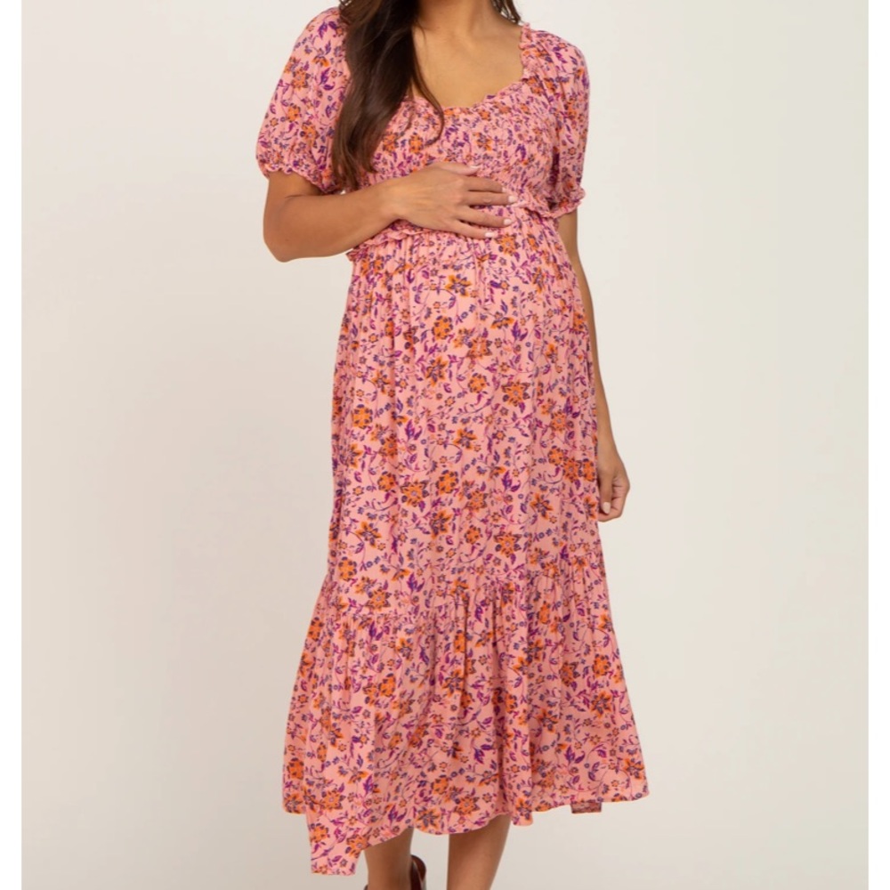 Pink Blush Pink Floral Smocked Midi Dress